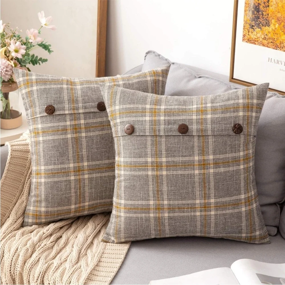 Farmhouse Plaid Linen Grey Tan Cream Striped Button Throw Pillow Decor Cover - Picture 1 of 6